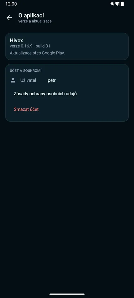 Účet a soukromí v Hivoxu